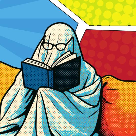 Pop art-illustration af et spøgelse med briller, der læser i en sofa.