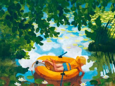 Tegnet forside af barn i badering