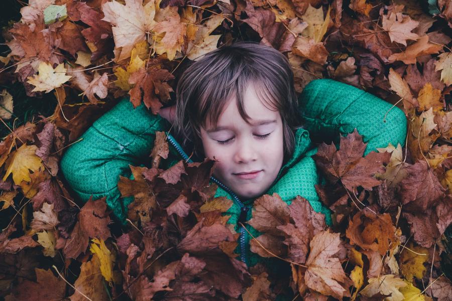 Barn ligger i en bunke efterårsblade